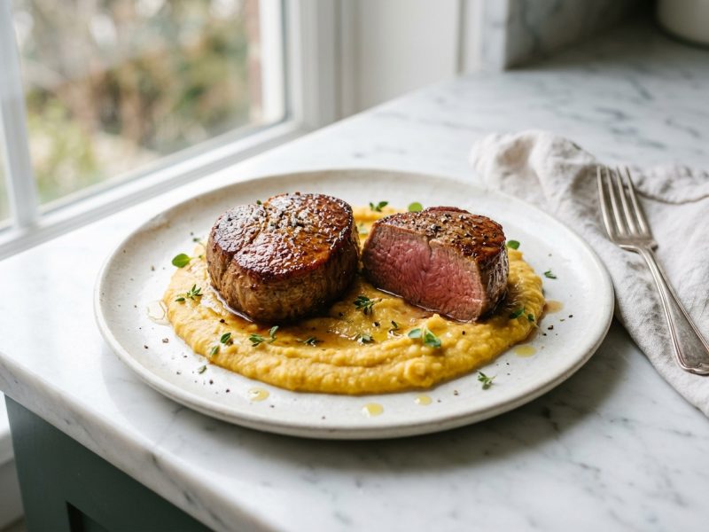 Pavés de noix de veau, purée de pois cassés