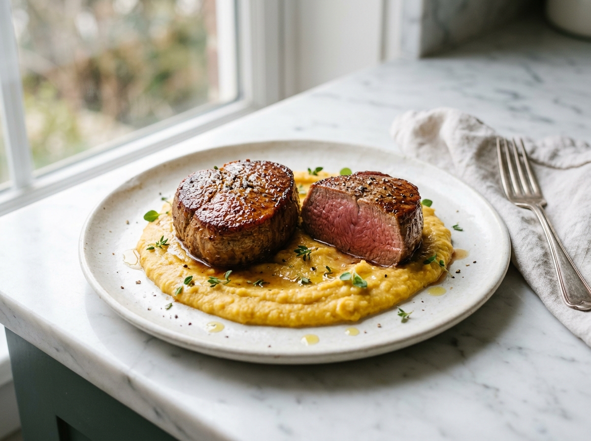 Pavés de noix de veau, purée de pois cassés