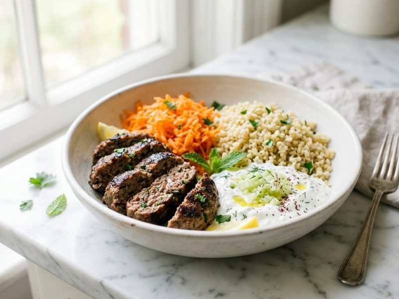 Bowl de kefta, boulgour et crudités