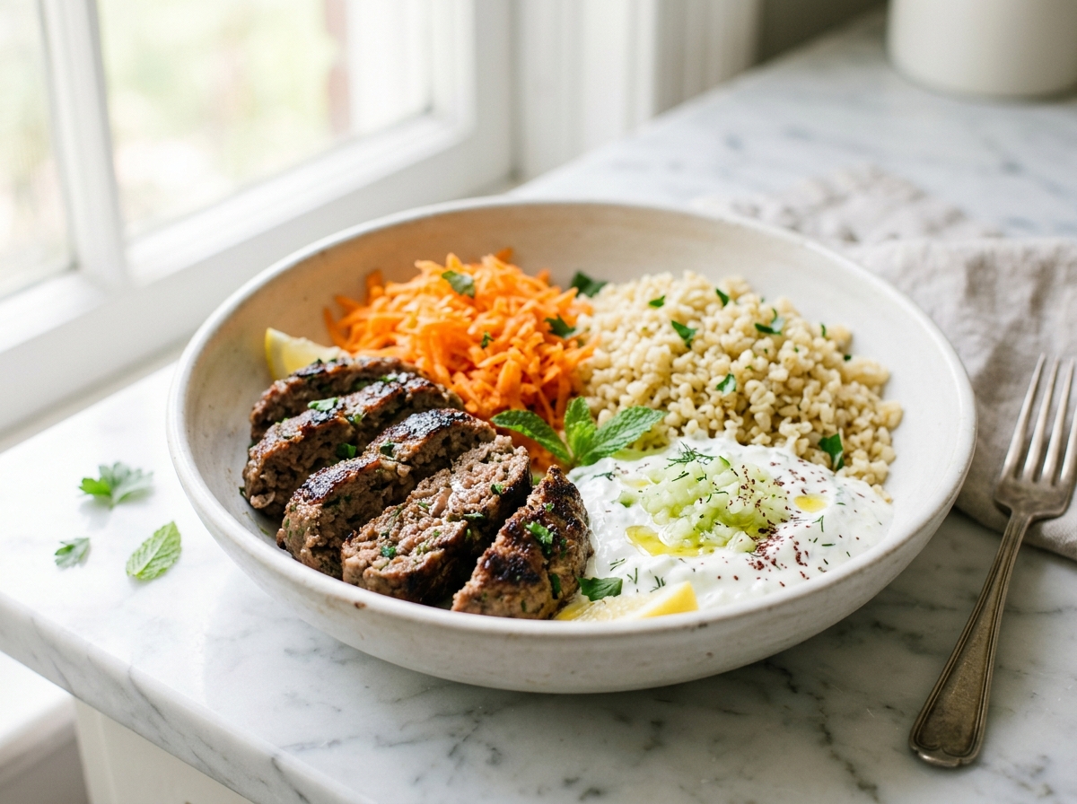 Bowl de kefta, boulgour et crudités