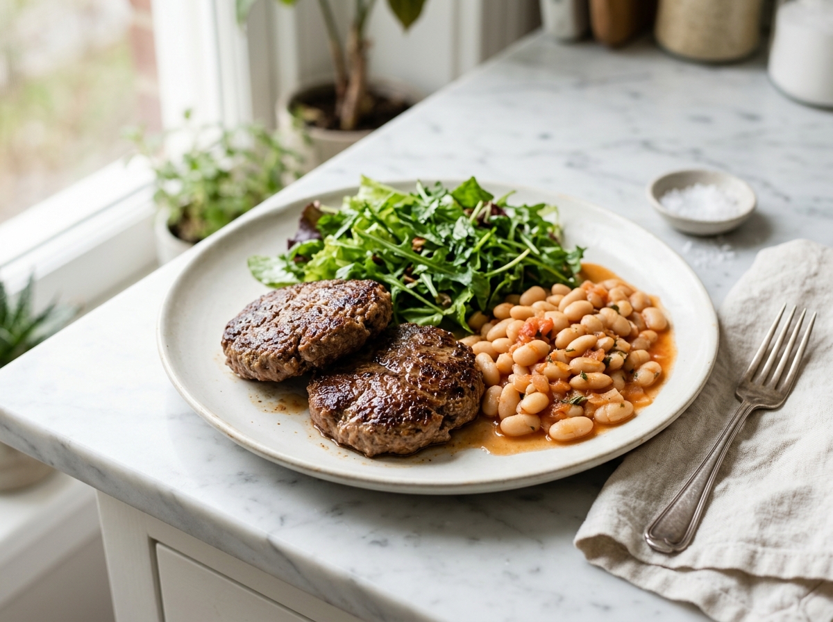 Steaks hachés maison, haricots blancs