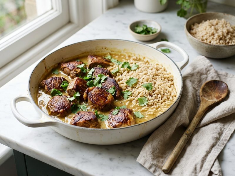 Sauté de veau au curry léger, riz complet