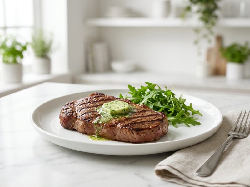Rumsteck grillé, beurre d’herbes