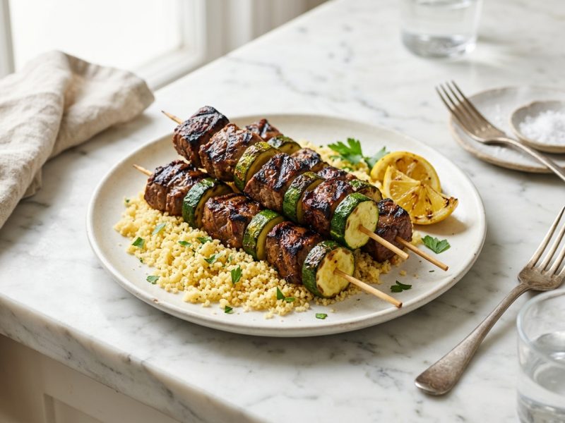 Brochettes de veau et courgettes, semoule
