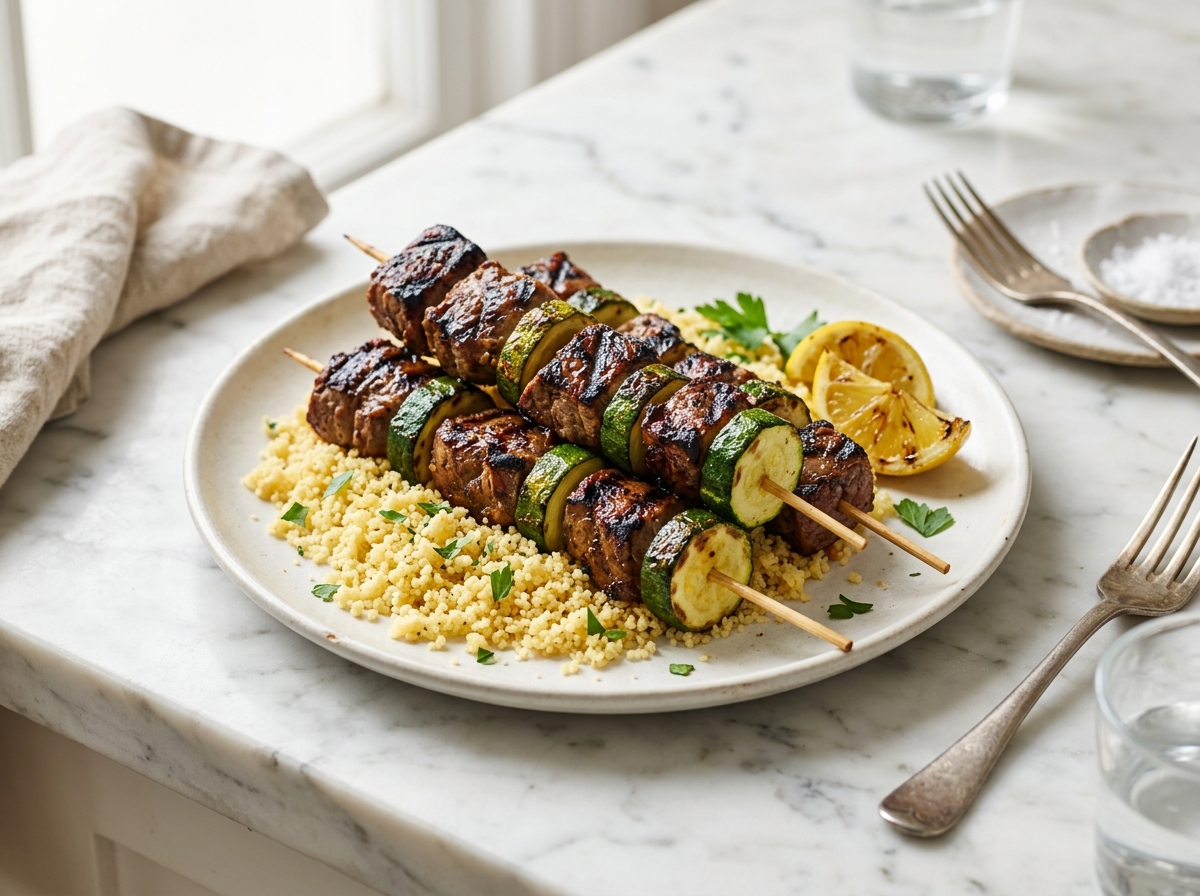 Brochettes de veau et courgettes, semoule