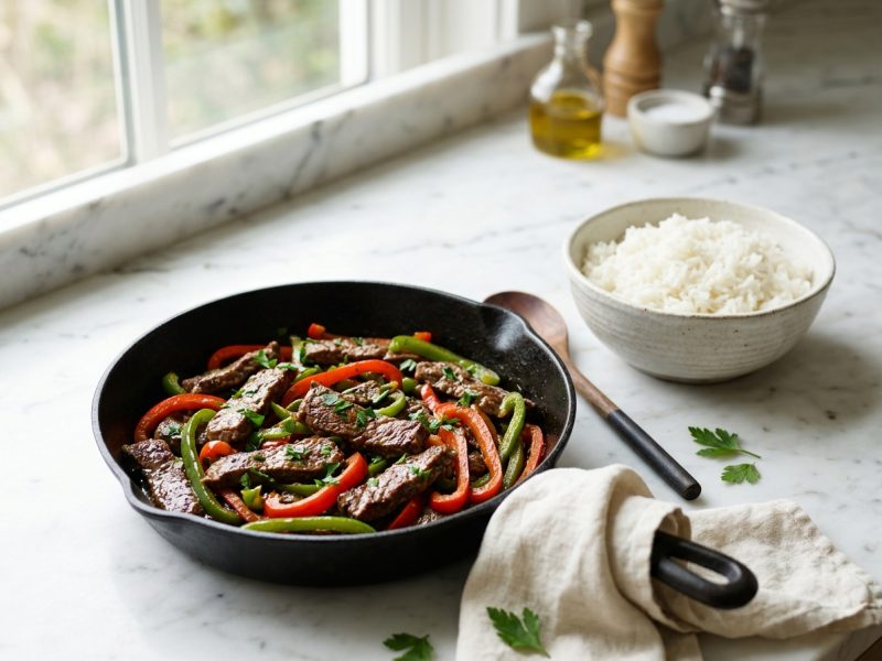 Émincé de bœuf aux poivrons et riz