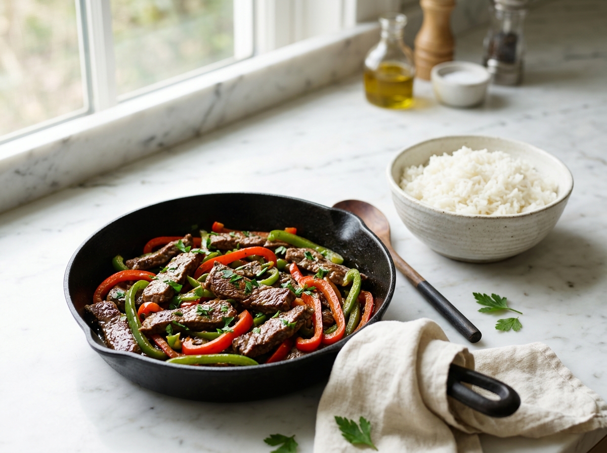 Émincé de bœuf aux poivrons et riz