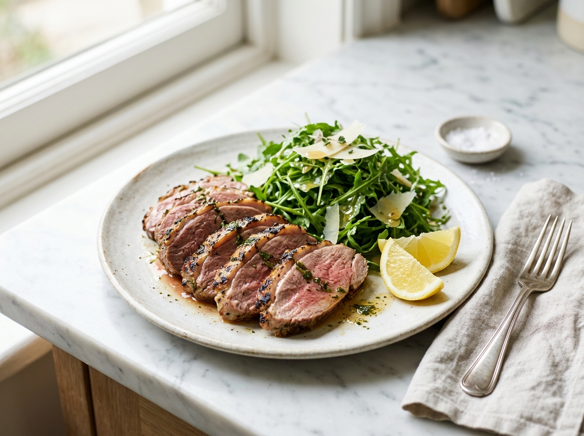 Gigot tranché grillé, salade de roquette