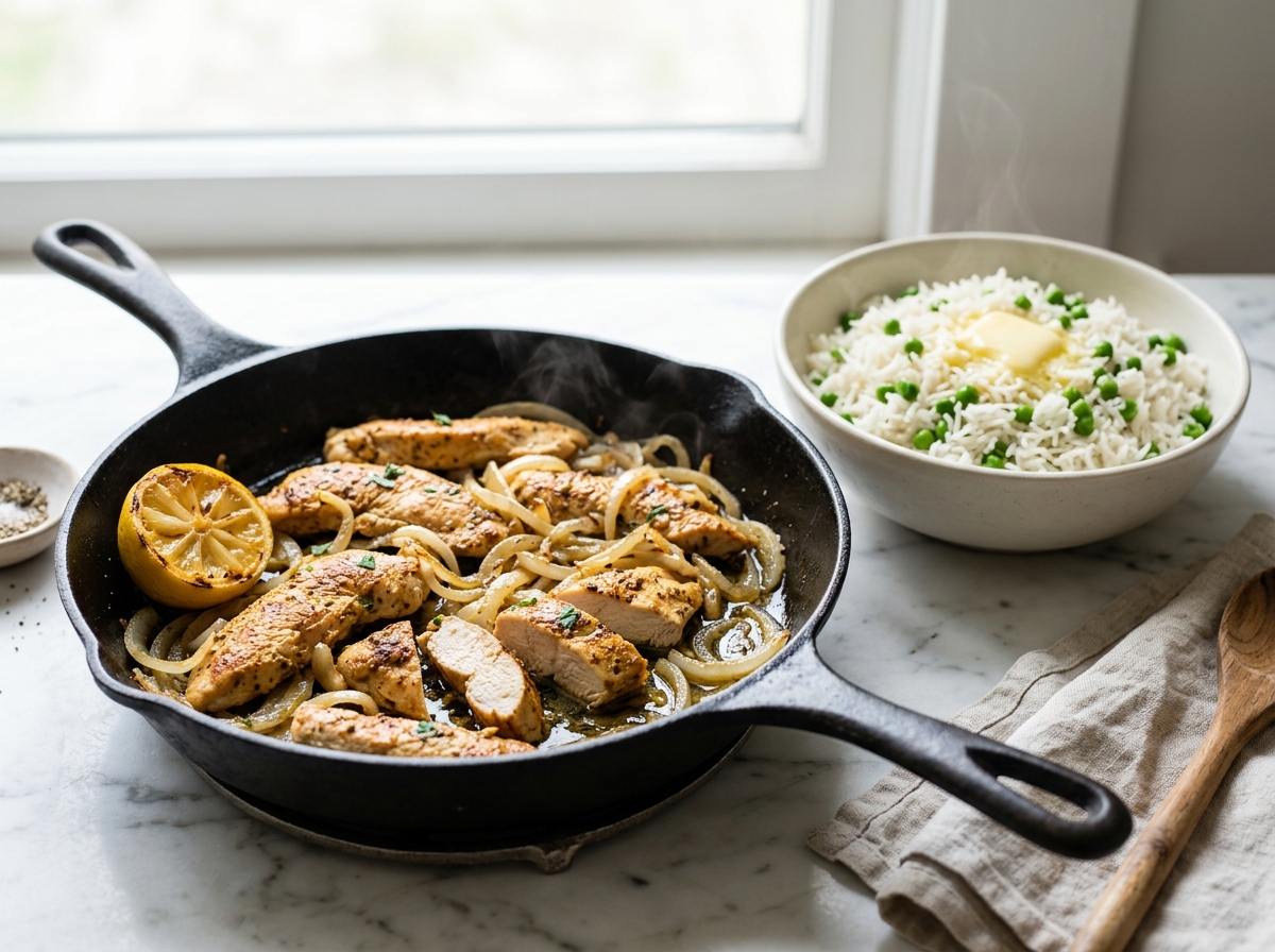 Émincés de poulet poêlés, riz aux petits pois