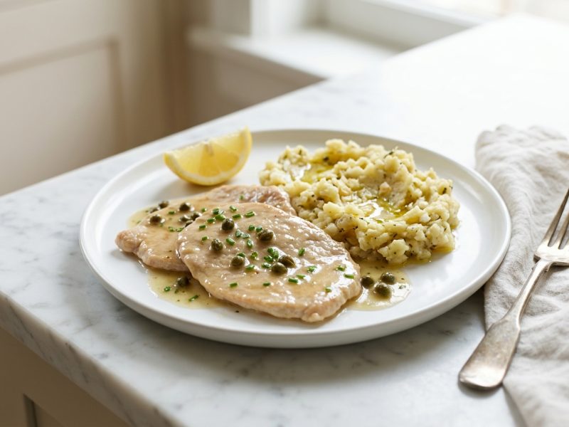 Escalopes de veau à la poêle, écrasé de pommes de terre