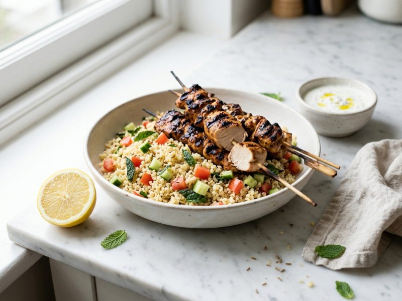 Brochettes de volaille à la plancha, boulgour rapide