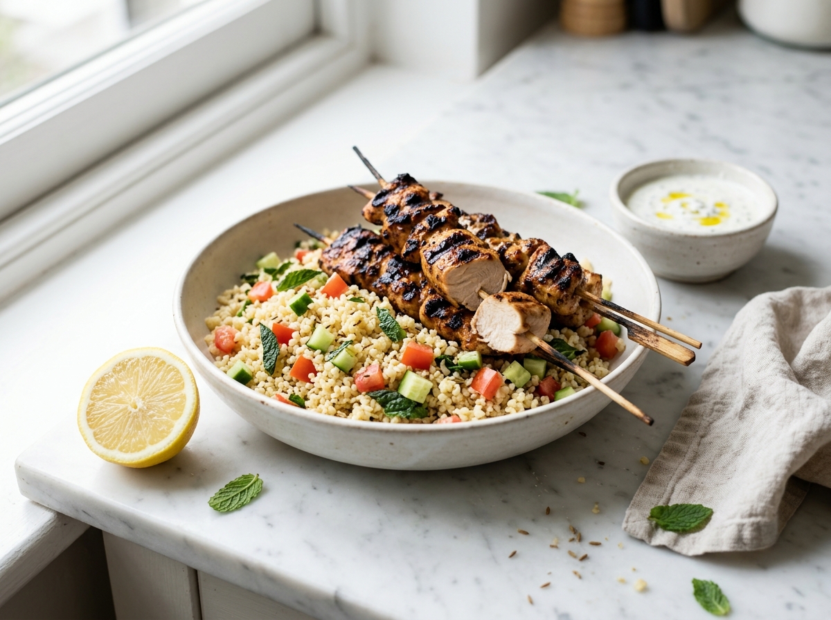 Brochettes de volaille à la plancha, boulgour rapide