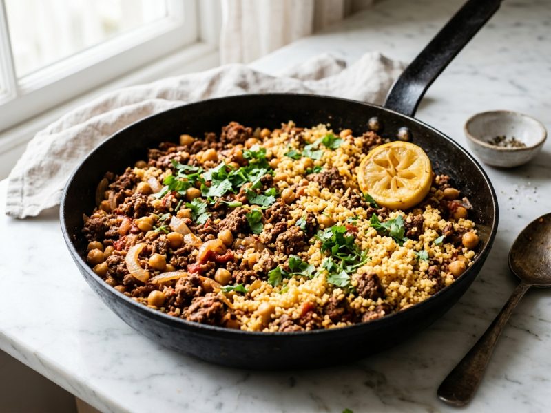 Kefta à la poêle et couscous aux pois chiches