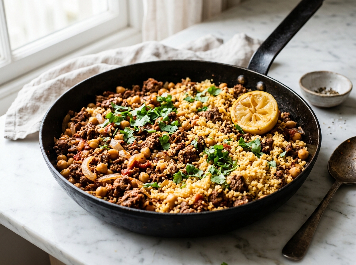 Kefta à la poêle et couscous aux pois chiches