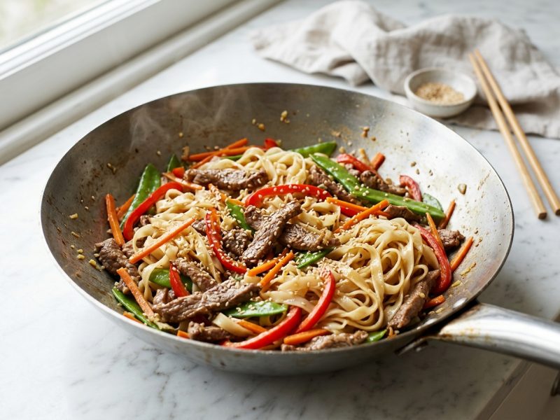 Émincés de veau au wok, nouilles de riz
