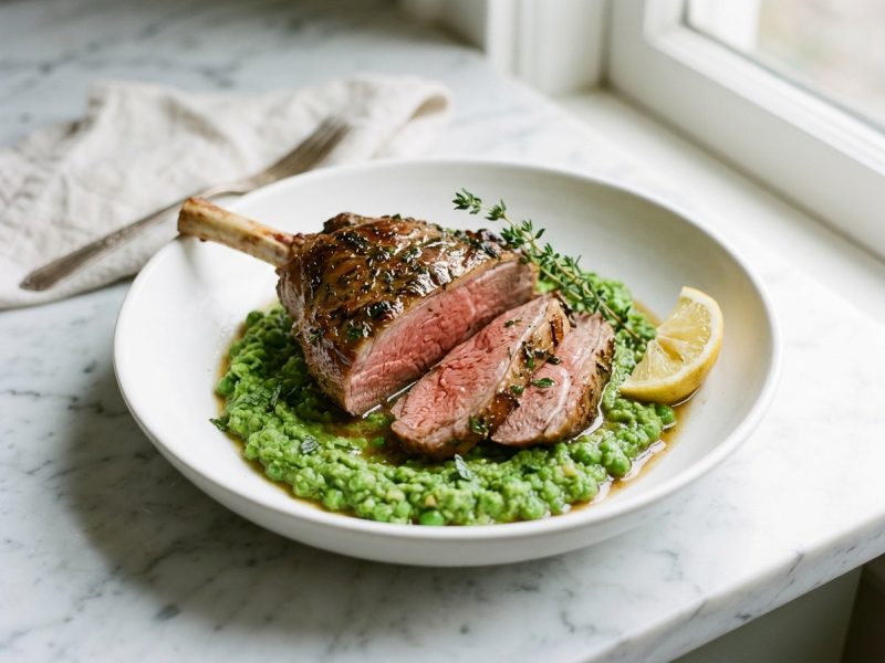 Gigot tranché à la poêle, écrasé de petits pois