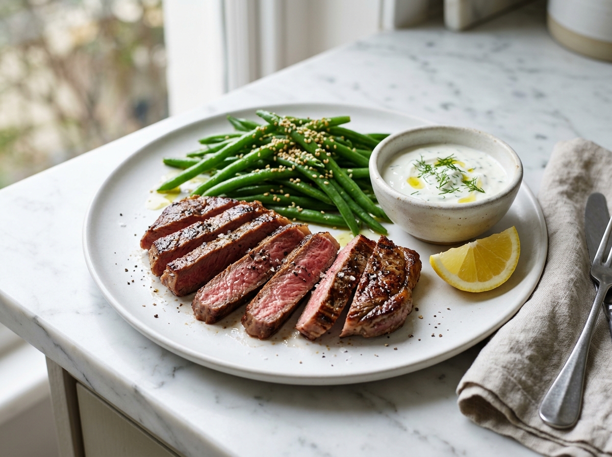 Rumsteck à la plancha, haricots verts vapeur