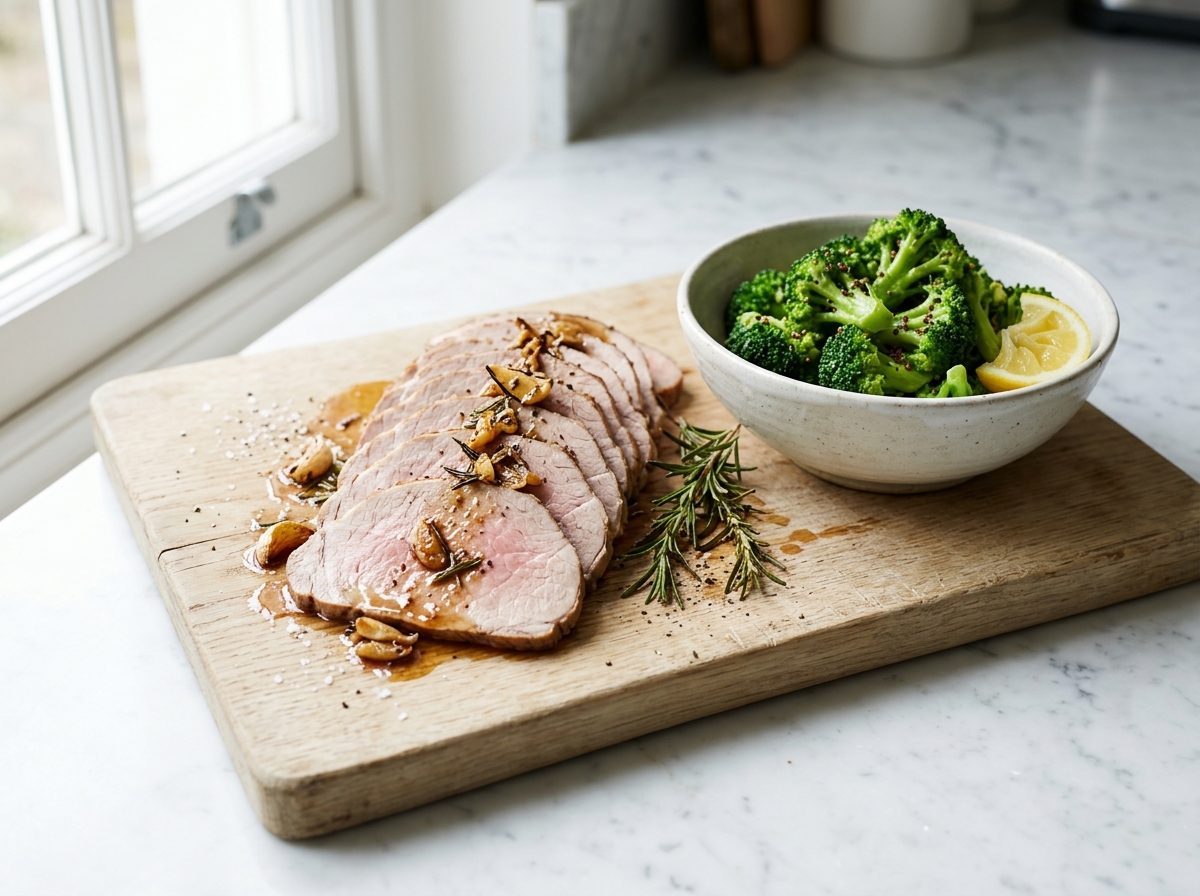 Noix de veau rôtie et brocolis à la vapeur