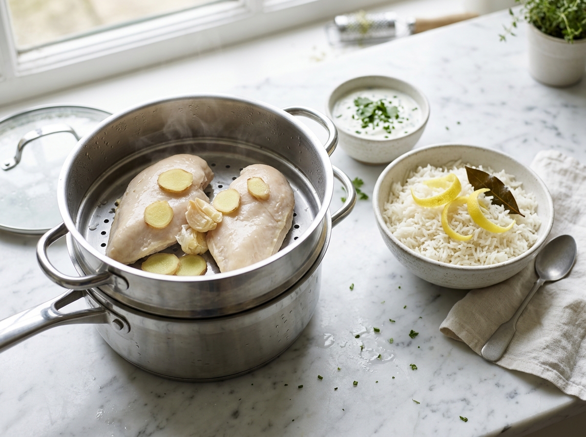 Filet de poulet vapeur et riz au citron