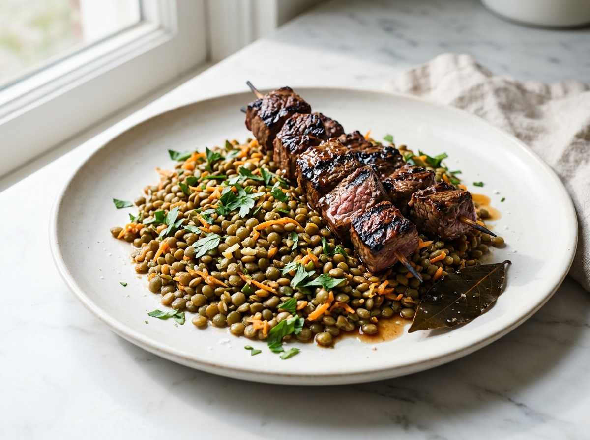 Brochettes de bœuf au four et lentilles vertes