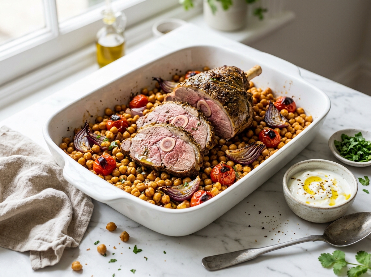 Gigot tranché au four et pois chiches rôtis