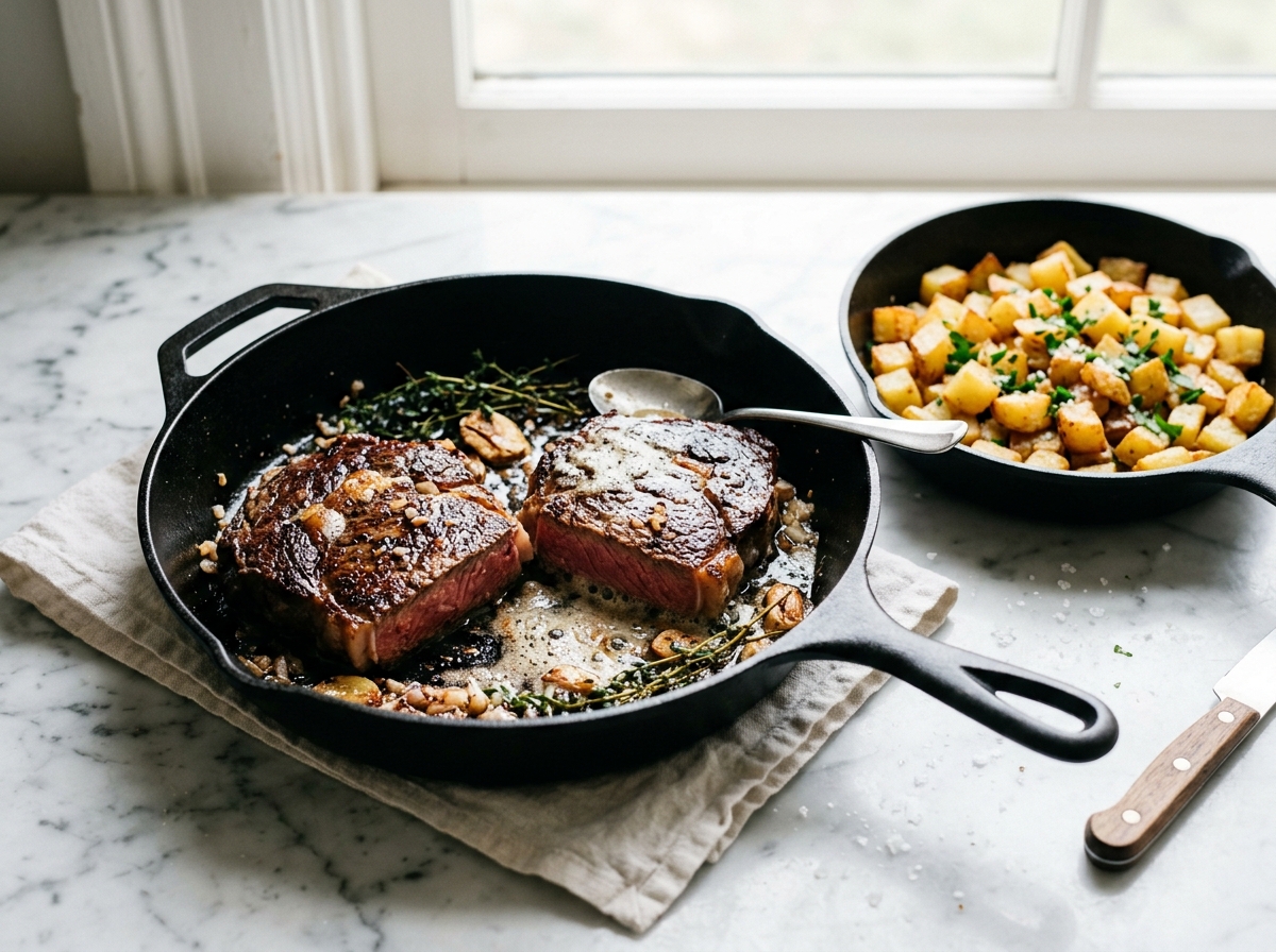Entrecôte poêlée et pommes de terre au beurre