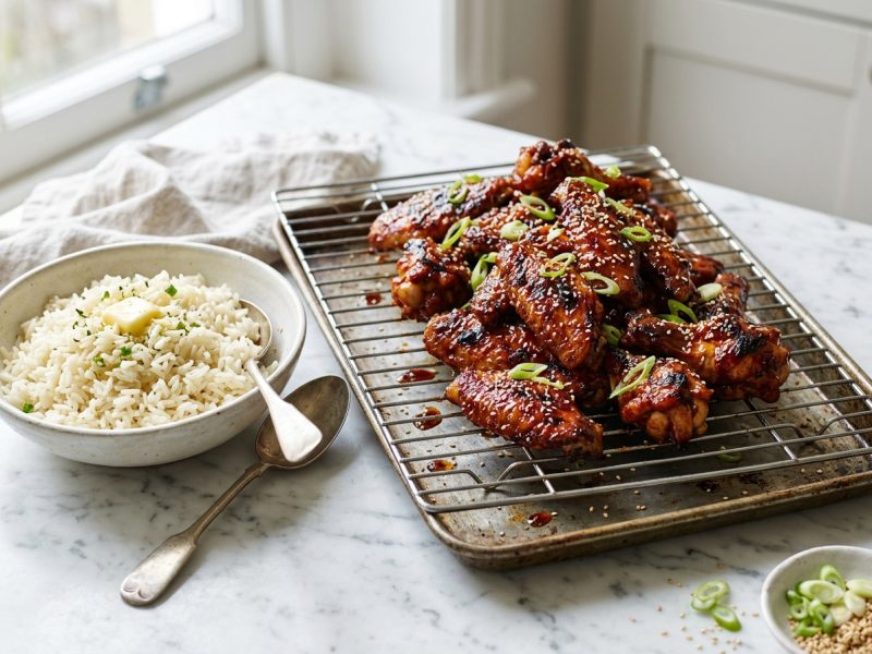 Ailes de poulet au miel et riz au beurre