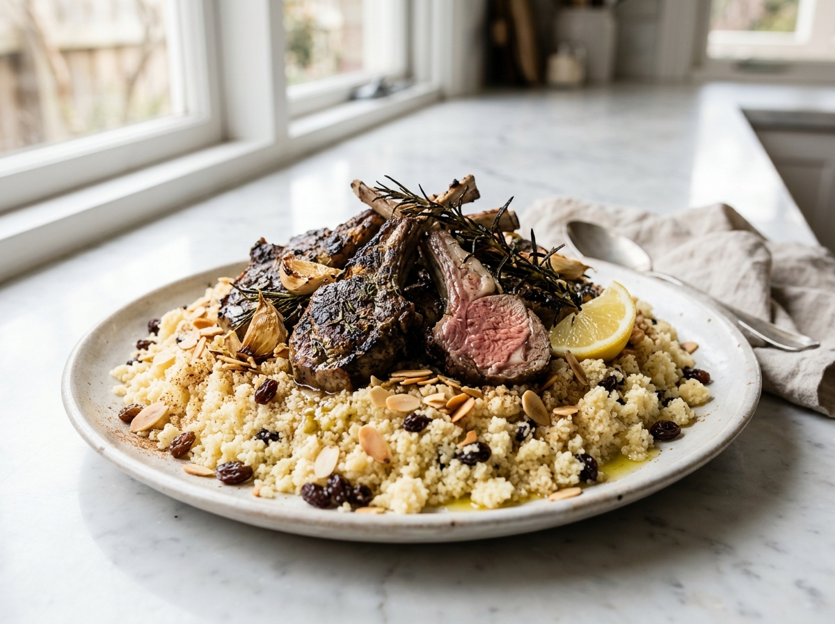 Côtelettes d’agneau à la plancha, semoule beurrée