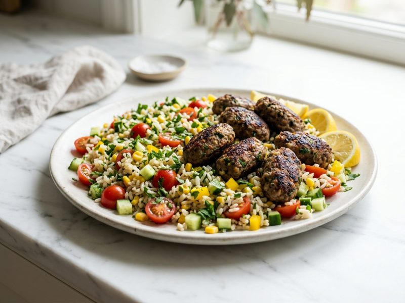 Brochettes de kefta froides et salade de riz