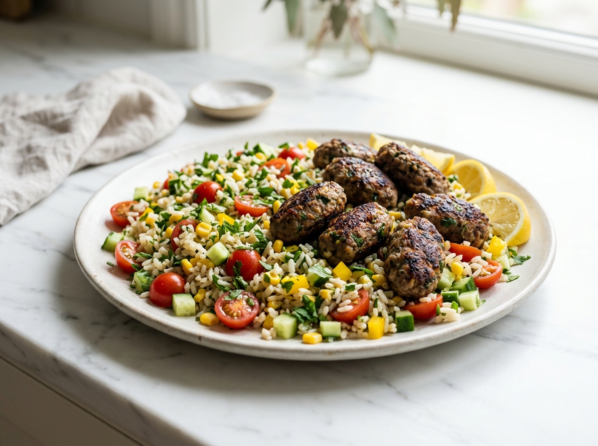 Brochettes de kefta froides et salade de riz