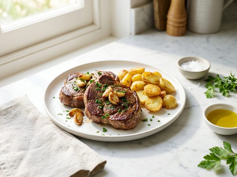 Gigot tranché à la plancha, ail et persil