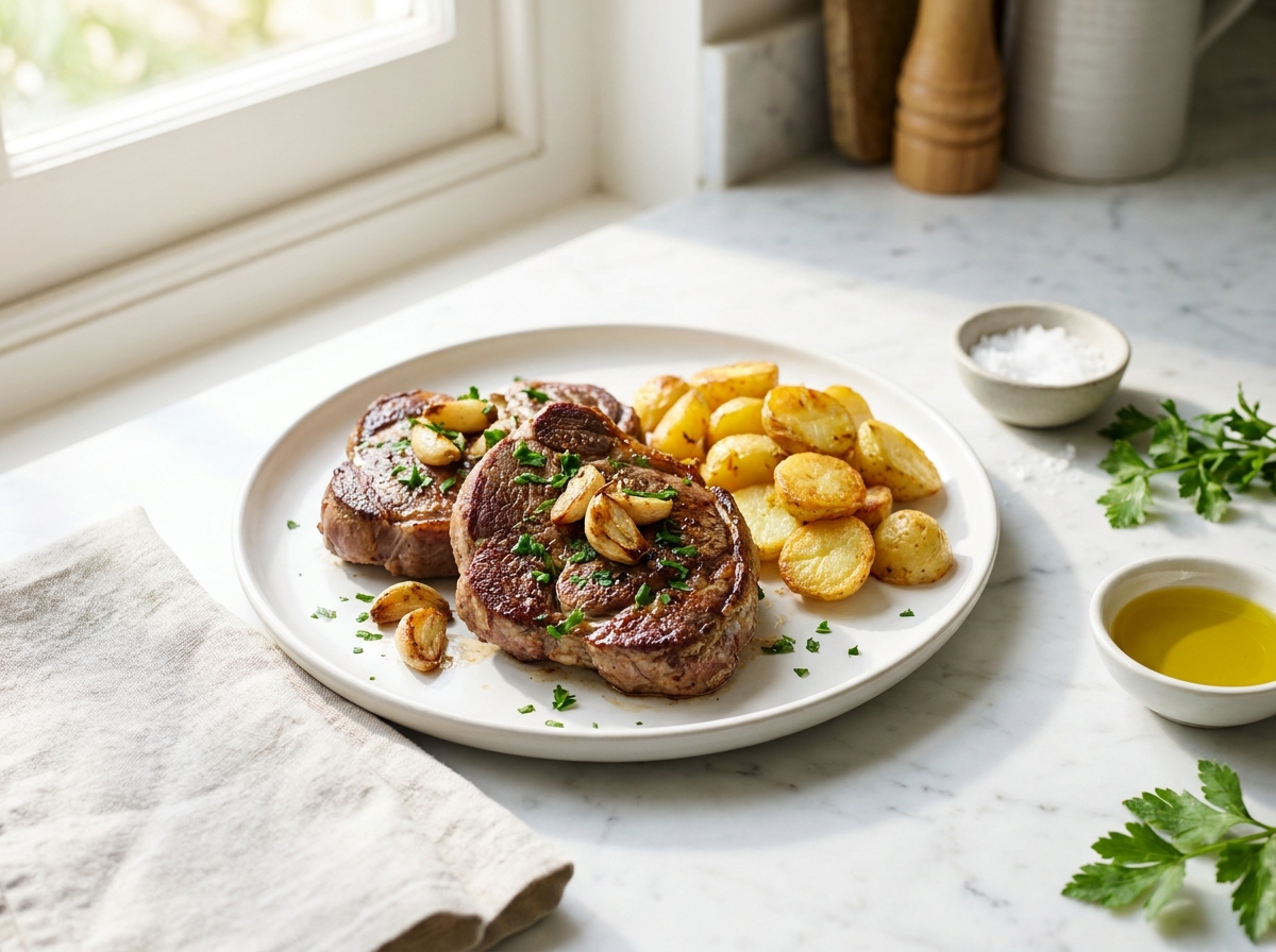 Gigot tranché à la plancha, ail et persil