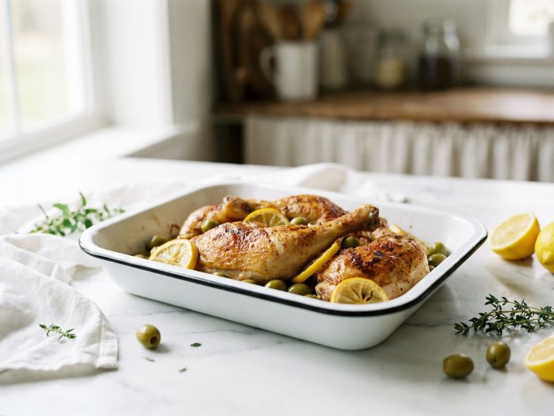 Cuisses de poulet rôties au citron et aux olives
