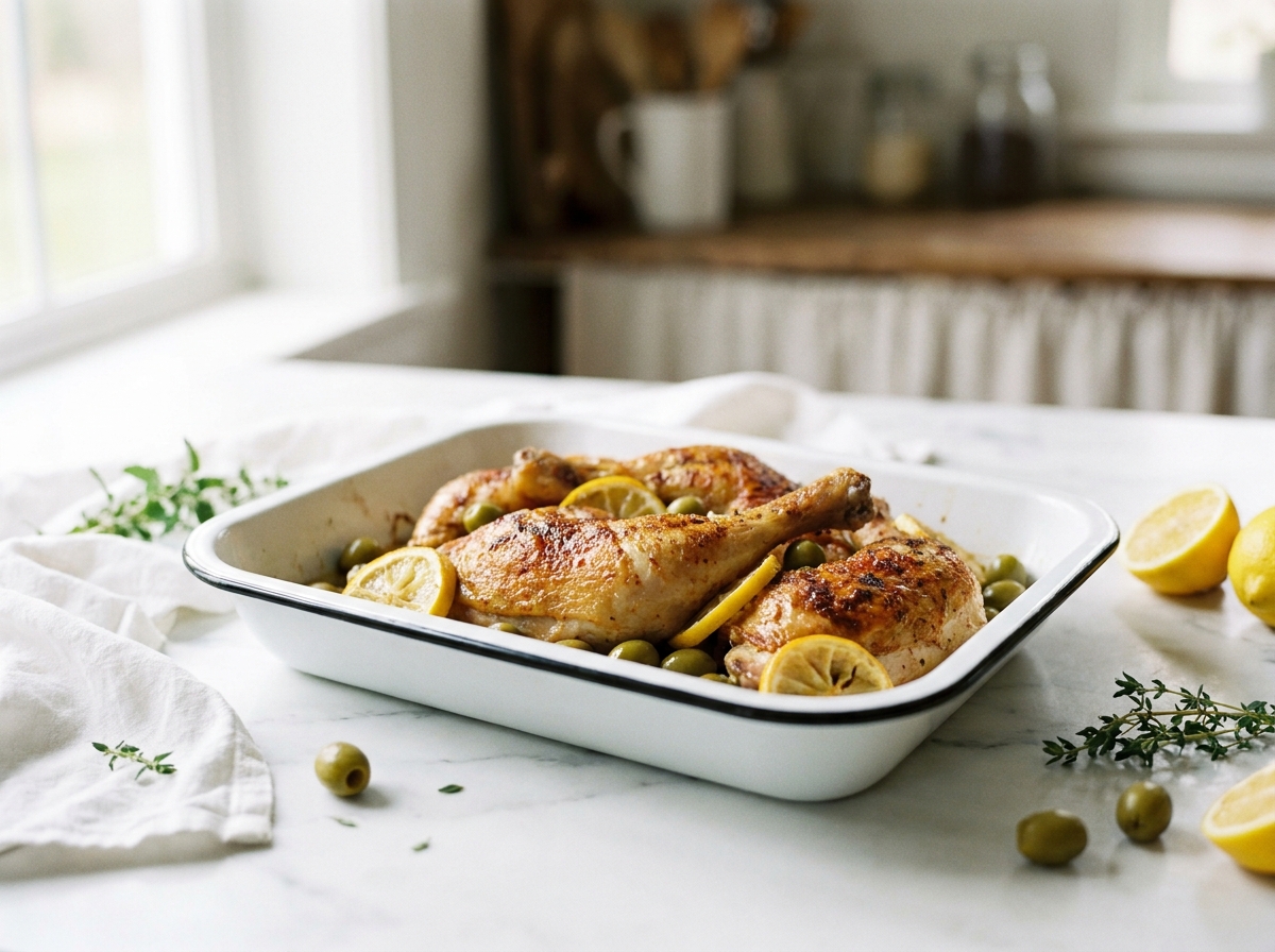 Cuisses de poulet rôties au citron et aux olives